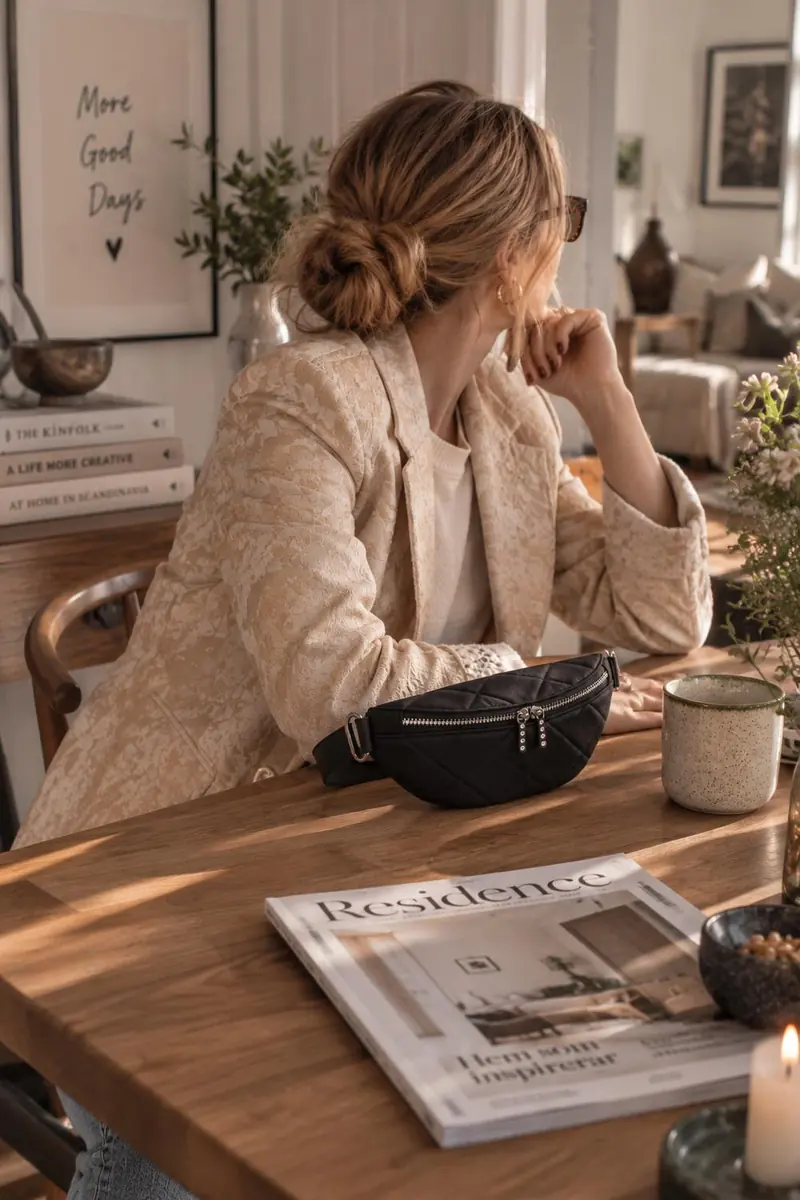 Kvinna med svart magväska på café